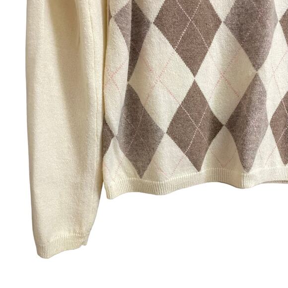 Brooks Brothers Pure Lambswool V Neck Argyle Sweater Cream Brown Medium AS IS - Picture 2 of 6